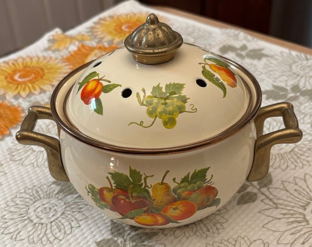 Vintage Fruit Potpourri Pot Vented Lid Brass Handles Cottage Fall Decor C. 1970s